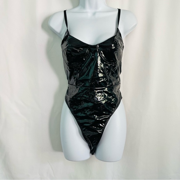 Tops - Black Latex Leather Bustier Bodysuit